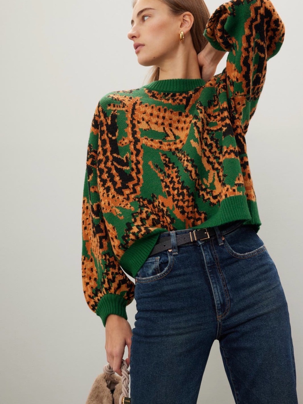 FARM Rio Crocodile Crewneck Printed Sweater Green Sz XL